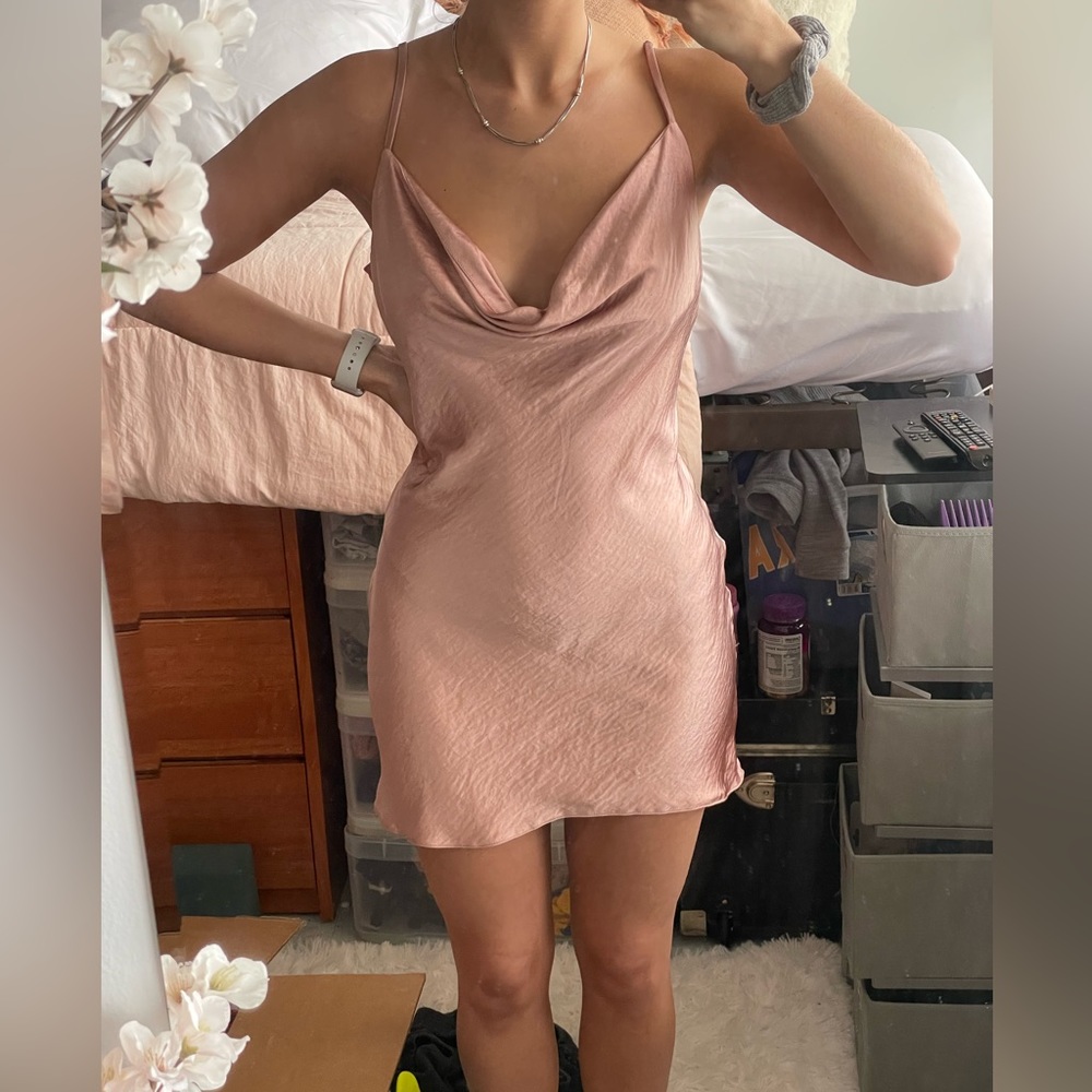 knee length dresses for ladies Women's Remember Today Square Neck Satin Mini Dress in Pink Rose main image 1